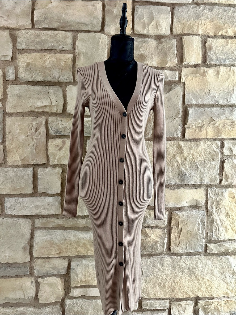 Forever 21 Taupe Ribbed Button-Front Long Sleeve Midi Dress
